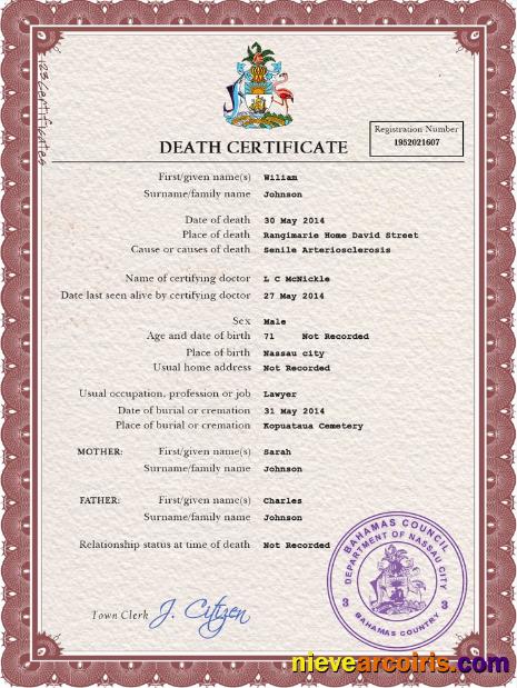 Bahamas vital record death certificate
